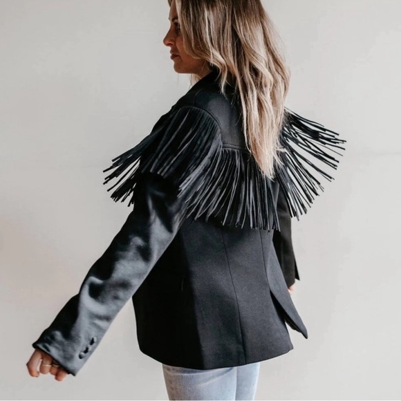 Free People Jackets & Blazers - NWT Free People X Blank NYC Show Stopper Black Fringe Blazer Size Large